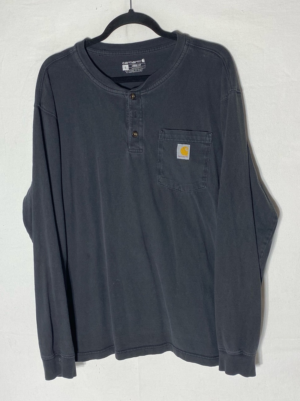 Carhartt Washed Black Loose Fit Henley Pocket Worn In Long Sleeve T Shirt L